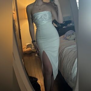 White strapless midi dress with slit